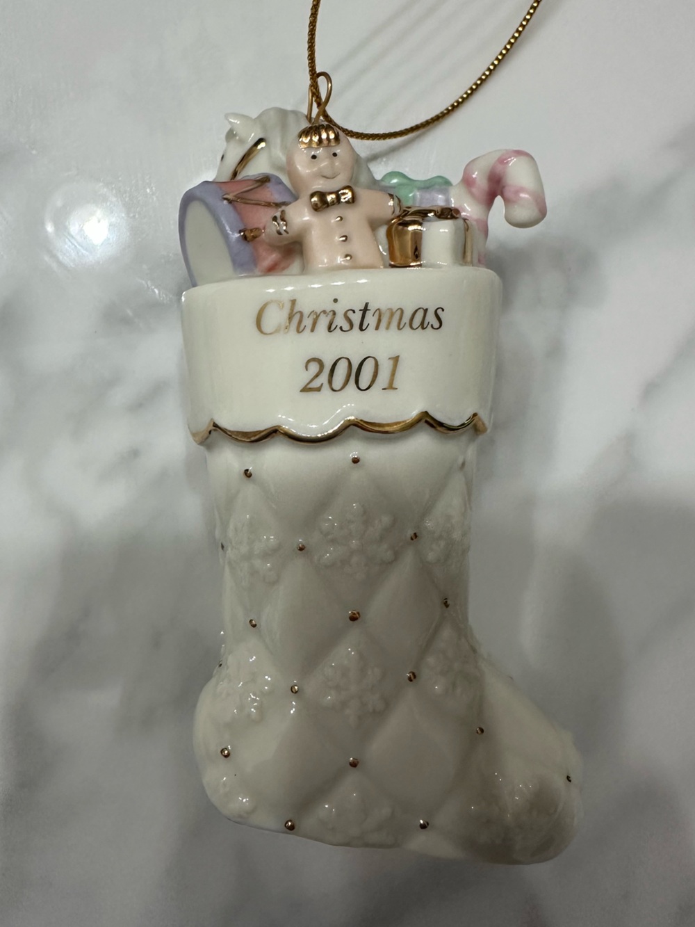 Lenox White Porcelain Stocking Ornament with Gold Lettering